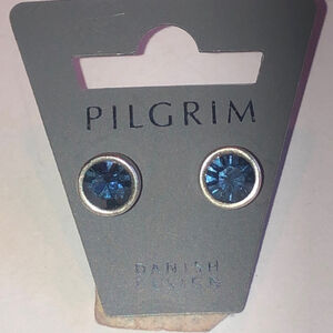 Pilgrim Vintage Silver Tone Blue CZ Rhinestone Dainty Stud Pierced Earrings